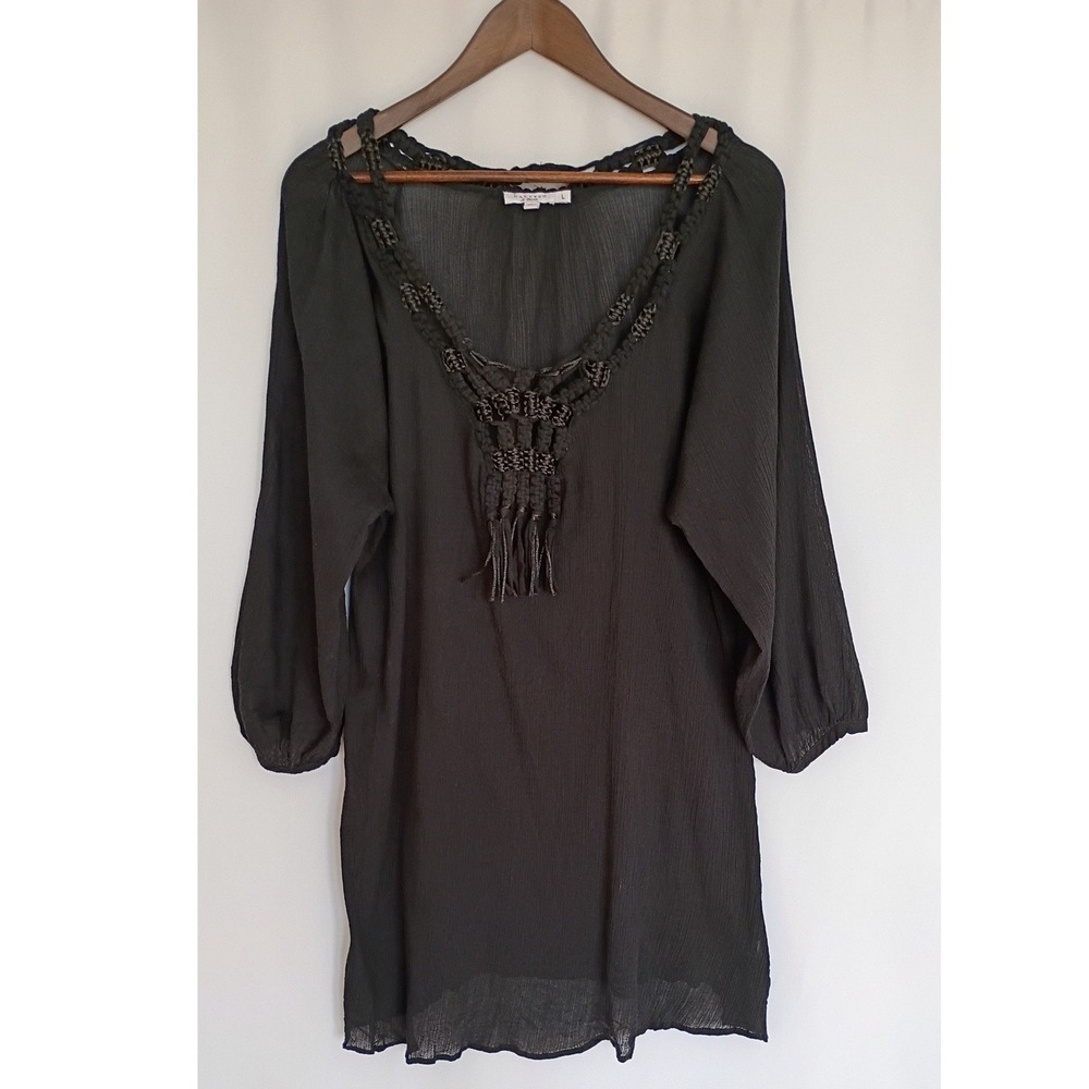 Calypso St. Barth Black Cotton Gauze Macrame Swim Cover Up Size L Boho Beach